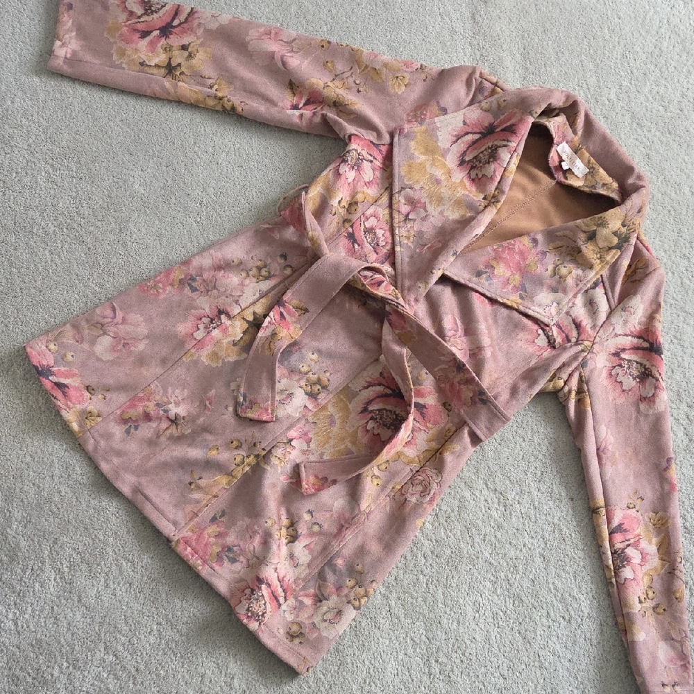 Anthropologie Blush Pink Floral Belted Trench Coat